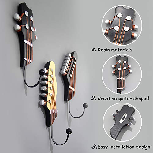 KUNGYO Juego de 3 Ganchos Decorativos Guitarra Forma Vintage Perchero de Pared para Colgar Sombrero,Abrigos,Teclas,Bolsa,silenciador