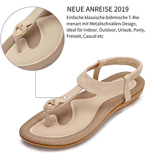 KUONUO Sandalias Mujeres Bohe Rhinestone Moda Plano Talla Grande Bohemia Sandalias Casuales Zapatos de Playa Sandalias Romanas Chanclas de Damas