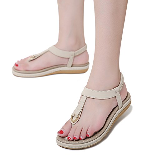 KUONUO Sandalias Mujeres Bohe Rhinestone Moda Plano Talla Grande Bohemia Sandalias Casuales Zapatos de Playa Sandalias Romanas Chanclas de Damas