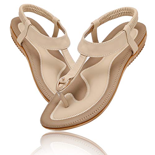 KUONUO Sandalias Mujeres Bohe Rhinestone Moda Plano Talla Grande Bohemia Sandalias Casuales Zapatos de Playa Sandalias Romanas Chanclas de Damas