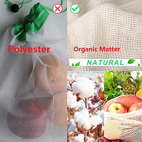Kupton Bolsas de Comida para Fruta,Juguetes y Libros-Bolsas de Comestibles Hechas de Algodón Orgánico para una Compra sin Residuos-Ligeras,con Cordón,Puntada Doble y Etiqueta de Tara-10Bolsa