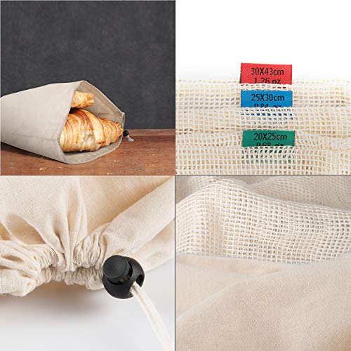 Kupton Bolsas de Comida para Fruta,Juguetes y Libros-Bolsas de Comestibles Hechas de Algodón Orgánico para una Compra sin Residuos-Ligeras,con Cordón,Puntada Doble y Etiqueta de Tara-10Bolsa