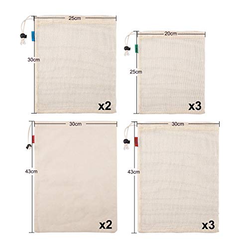 Kupton Bolsas de Comida para Fruta,Juguetes y Libros-Bolsas de Comestibles Hechas de Algodón Orgánico para una Compra sin Residuos-Ligeras,con Cordón,Puntada Doble y Etiqueta de Tara-10Bolsa
