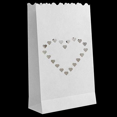 Kurtzy Bolsa de papel para velas (20 paquete) - Blanco LinternaDiseño de corazón (26,5 x 15 cm) - Resistente a las llamas Usada con luces de té (Regular o LED) para Decoraciones de Fiesta