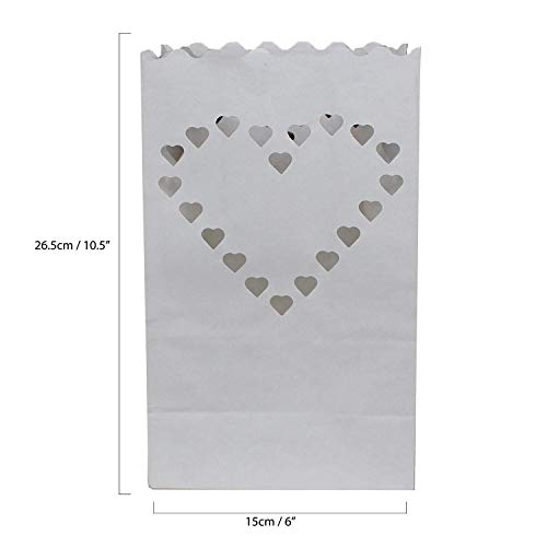 Kurtzy Bolsa de papel para velas (20 paquete) - Blanco LinternaDiseño de corazón (26,5 x 15 cm) - Resistente a las llamas Usada con luces de té (Regular o LED) para Decoraciones de Fiesta