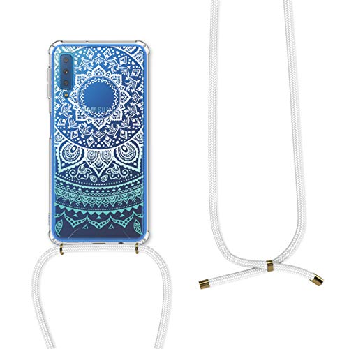 kwmobile Funda con Cuerda Compatible con Samsung Galaxy A7 (2018) - Carcasa de TPU con Colgante Sol hindú Menta/Blanco/Transparente