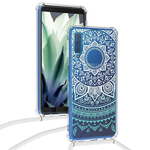kwmobile Funda con Cuerda Compatible con Samsung Galaxy A7 (2018) - Carcasa de TPU con Colgante Sol hindú Menta/Blanco/Transparente