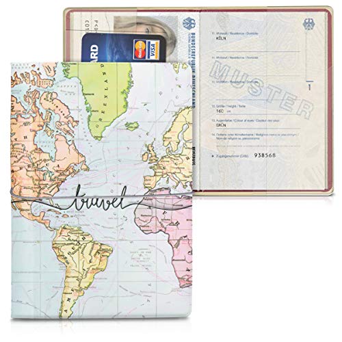 kwmobile Set de 1x fundas protectoras de pasaporte - Protectores de pasaporte con diseño 3D mapa mundial - Con espacio para tarjetas