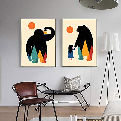KWzEQ Cartel nórdico Dibujos Animados Gorila Oso Lienzo Pintura Chica Arte de la Pared decoración Moderna cálida,Pintura sin Marco,60X90cmx2