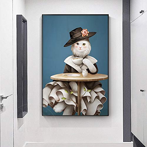 KWzEQ Gatito de la Lona del Arte de la Pared del Gato de la Moda, Traje con Capucha y Mural del Vestido, Cartel del Pasillo de la Sala de Estar,50X75cm,Pintura sin Marco