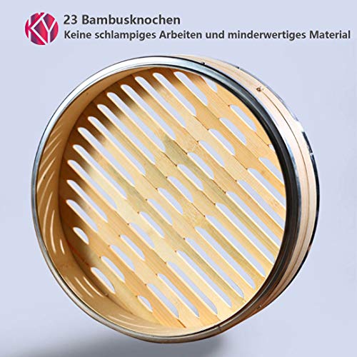 KYONANO Vaporera de bambú, Cesta de bambú - 24cm, para arroz, Dim Sum, Verduras, Pescado y Carne, Recipiente Tradicional para la cocción al Vapor, 2 Pisos y 1 Tapa
