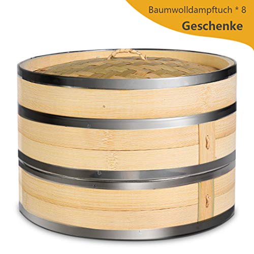 KYONANO Vaporera de bambú, Cesta de bambú - 24cm, para arroz, Dim Sum, Verduras, Pescado y Carne, Recipiente Tradicional para la cocción al Vapor, 2 Pisos y 1 Tapa
