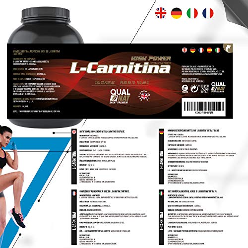L-Carnitina Pura | Quemagrasas para perder peso rápido | Potente quemador de Grasa Deportiva | Mejora Musculación y Rendimiento | 180 Cápsulas- Qualnat