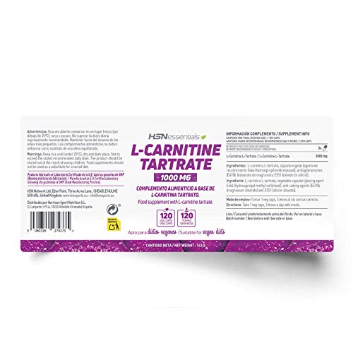 L-Carnitina Tartrato de HSN | 3000 mg por Dosis Diaria | Alta Biodisponibilidad + Pérdida de peso + Mayor Energía + Rendimiento + Recuperación | Vegano, Sin Gluten, Sin Lactosa, 120 Cápsulas Vegetales