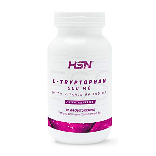 L-Triptófano 500mg de HSN | Con Vitamina B3 y B6 | Mejora el Estado de Ánimo, Precursor de Serotonina, Para Dormir Mejor | Vegano, Sin Gluten, Sin Lactosa 120 Cápsulas Vegetales