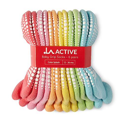 LA Active Tobillera Calcetines Antideslizantes - 6 Pares - para Bebé Niños Niñas Infantil Recién Nacido (Colores Brillantes, 6-12 Meses)