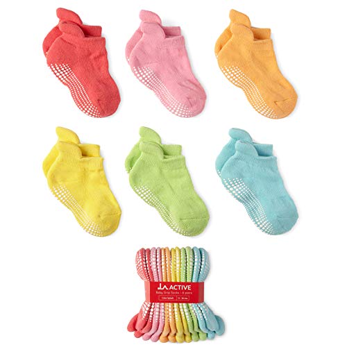 LA Active Tobillera Calcetines Antideslizantes - 6 Pares - para Bebé Niños Niñas Infantil Recién Nacido (Colores Brillantes, 6-12 Meses)