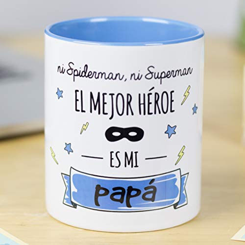 La Mente es Maravillosa - Taza con frase y dibujo divertido (Ni spiderman, ni superman el mejor héroe es mi papá) Regalo original para PAPÁ