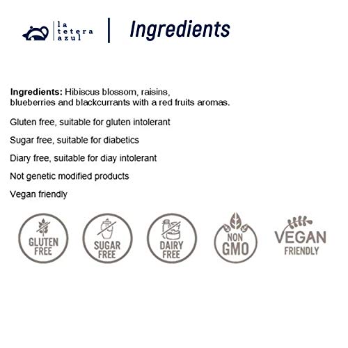 LA TETERA AZUL Infusión De Frutos Del Bosque Premium. Hibisco, Uva, Arándano, Grosella Negra Y Saúco. Frutos Del Bosque Y Frutos Rojos. Bote A Granel De 140 Gramos Para 47 Infusiones.