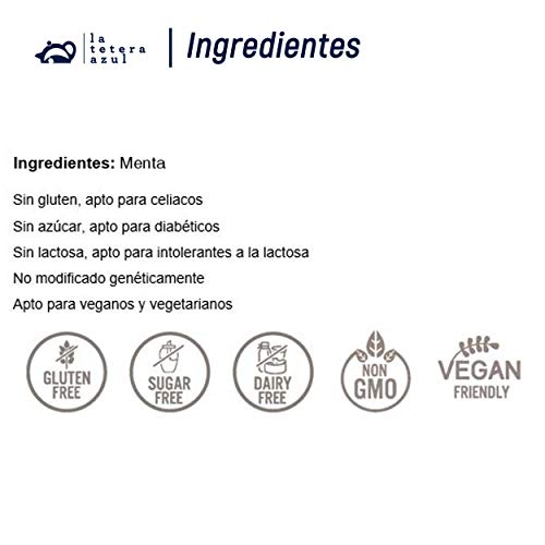 LA TETERA AZUL Infusión De Menta Premium, Pura, Limpia, Solo Hojas De Menta. Infusión Digestiva Y Alivio Gases. Bote A Granel De 50 Gramos Para 33 Infusiones.