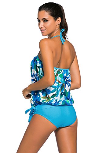 La vogue Ropa de Baño de Dos Piezas Tankini para Mujer Playa Top y Bañador Azul Flores Talla XL/Busto 91-106cm