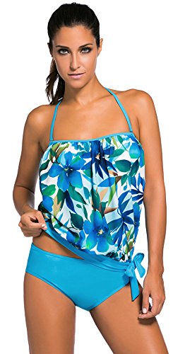La vogue Ropa de Baño de Dos Piezas Tankini para Mujer Playa Top y Bañador Azul Flores Talla XL/Busto 91-106cm