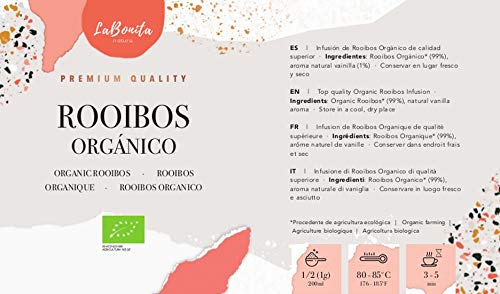 LaBonita Nature, Rooibos 100% Orgánico Sabor Vainilla [Calidad Premium]. Infusión sin cafeína, Lata, 100 g
