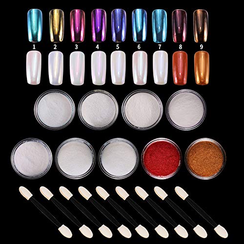 LABOTA 9 cajas Shell Polvo de Perlas Espejo efecto Cromo Uñas de Sirena, 1 g en polvo brillo y decoración de uñas con 9pcs Palillo de la esponja