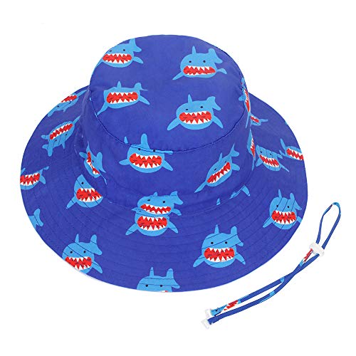 LACOFIA Sombrero de Sol bebé Gorro Verano para niños Sombrero Playa de ala Ancha UPF 50+ Proteccion solarpara niños con Correa Ajustable para la Barbilla Squalo BLU 6-12 MESI