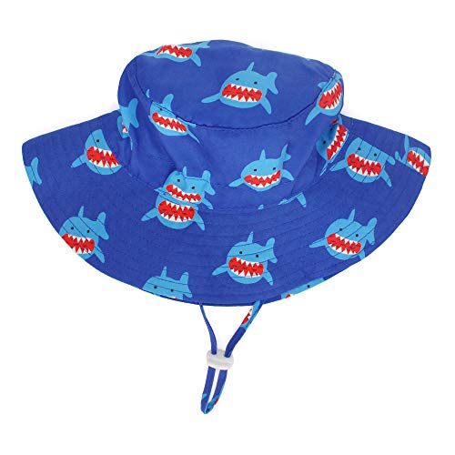 LACOFIA Sombrero de Sol bebé Gorro Verano para niños Sombrero Playa de ala Ancha UPF 50+ Proteccion solarpara niños con Correa Ajustable para la Barbilla Squalo BLU 6-12 MESI