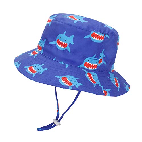 LACOFIA Sombrero de Sol bebé Gorro Verano para niños Sombrero Playa de ala Ancha UPF 50+ Proteccion solarpara niños con Correa Ajustable para la Barbilla Squalo BLU 6-12 MESI