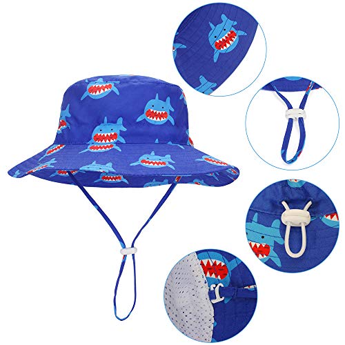 LACOFIA Sombrero de Sol bebé Gorro Verano para niños Sombrero Playa de ala Ancha UPF 50+ Proteccion solarpara niños con Correa Ajustable para la Barbilla Squalo BLU 6-12 MESI
