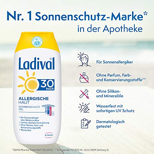 Ladival - Gel solar para piel alérgica con protección solar SPF 30 – Gel solar sin perfume para alérgicos – sin colorantes ni conservantes, resistente al agua – 1 x 200 ml