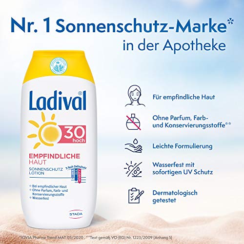 Ladival - Loción solar para piel sensible, SPF 30, sin perfume, sin colorantes ni conservantes, resistente al agua, 200 ml