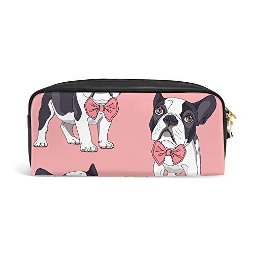 Lafle - Estuche de piel sintética para bolígrafos, diseño de bulldog francés con lazo rosa