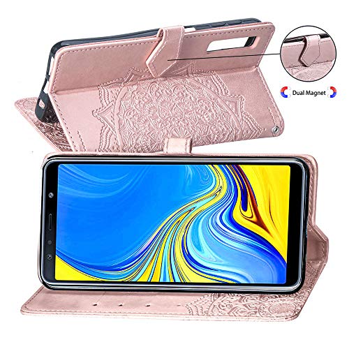 LAGUI Funda Adecuado para Samsung Galaxy A7 2018, Relieve Dibujo Carcasa de Tipo Libro con Ranuras para Tarjetas de Soporte Horizontal y Solapa con Cierre magnético, Oro Rosa