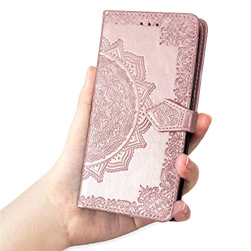 LAGUI Funda Adecuado para Samsung Galaxy A7 2018, Relieve Dibujo Carcasa de Tipo Libro con Ranuras para Tarjetas de Soporte Horizontal y Solapa con Cierre magnético, Oro Rosa