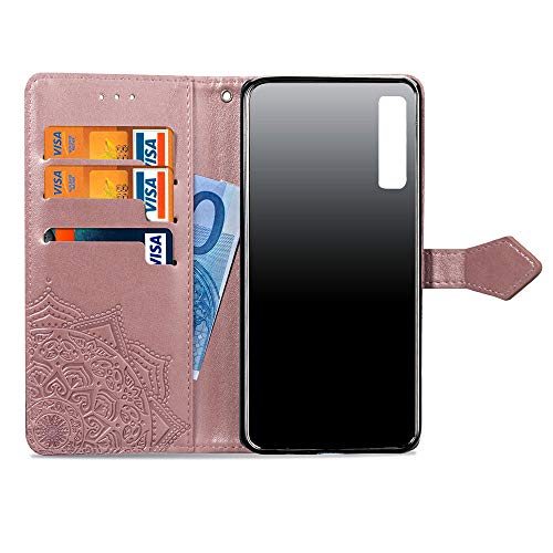 LAGUI Funda Adecuado para Samsung Galaxy A7 2018, Relieve Dibujo Carcasa de Tipo Libro con Ranuras para Tarjetas de Soporte Horizontal y Solapa con Cierre magnético, Oro Rosa