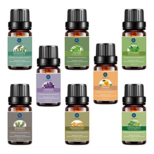 Lagunamoon Aceites Esenciales, Top 8 Set de Regalo de Aceites de Aromaterapia, Lavanda, Eucalipto, Hierba de Limón, Romero, Menta, Arból de Té, Aceites Esenciales para Humidificador, 100% Puros