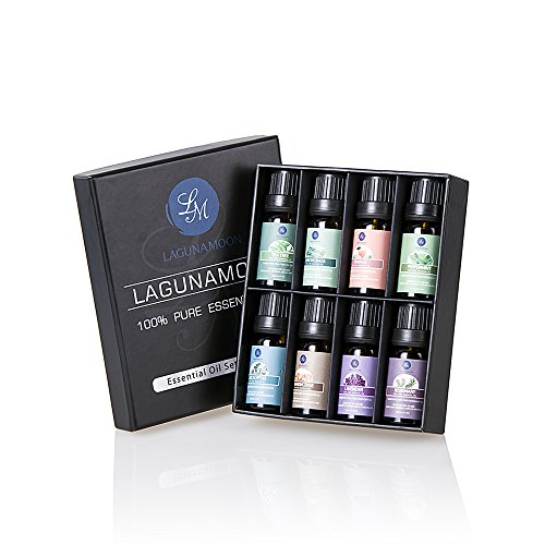 Lagunamoon Aceites Esenciales, Top 8 Set de Regalo de Aceites de Aromaterapia, Lavanda, Eucalipto, Hierba de Limón, Romero, Menta, Arból de Té, Aceites Esenciales para Humidificador, 100% Puros