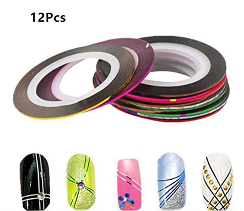 LAKII 500 Piezas Uñas Falsas Artificiales de Acrílico Puntas de Uñas de Manicura con 12 rollos Multicolor 1 mm mate para uñas Striping Línea de cinta