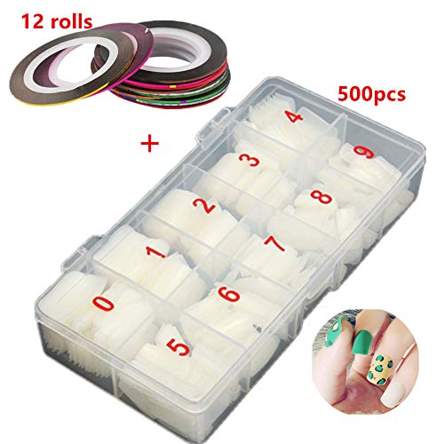 LAKII 500 Piezas Uñas Falsas Artificiales de Acrílico Puntas de Uñas de Manicura con 12 rollos Multicolor 1 mm mate para uñas Striping Línea de cinta