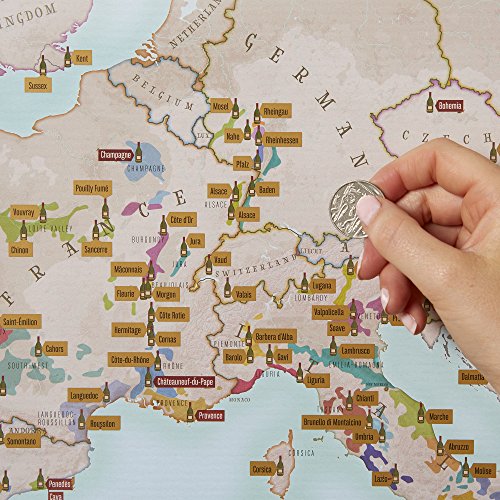 Lámina de vino europea Scratch Off – Mapas Internacionales – Póster de regalo para amantes del vino – Regiones + subregiones – tubo de regalo – tamaño a2 59,4 x 42 cm