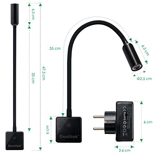 Lampara de Lectura Noche Pared Foco de LED Flexible Regulable Touch con Enchufe y Interruptor 3W 280Lm Iluminación Blanca Natural 5000K Sin Función de Control Remoto de Enuotek