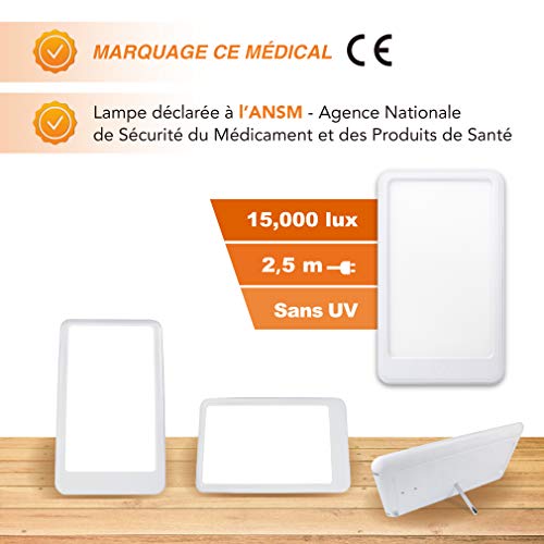 Lámpara de Luminoterapia 15000 lux - Luz Antidepresiva Potente - Lámpara de Día Ajustable de 3 Intensidades - Efectividad terapéutica Comprobada para Combatir la Depresión Estacional