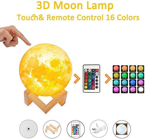 Lámpara de Luna 3D,16 Colores RGB Luz Nocturna Luna LED Lampara Luna Grande 15cm Remoto Tactil Control USB Intensidad Elegir Luz de Noche Ambiente Lámparas para Niños Bebé Regalo de Fiesta Decoración