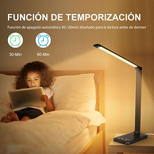 Lámpara Escritorio LED, Flexo de Escritorio, La luz natural protege los ojos, Lámpara de mesa regulable con puerto de carga USB, 5 Modos, 10 Niveles de Brillo,Temporizador de 30/60min, negro