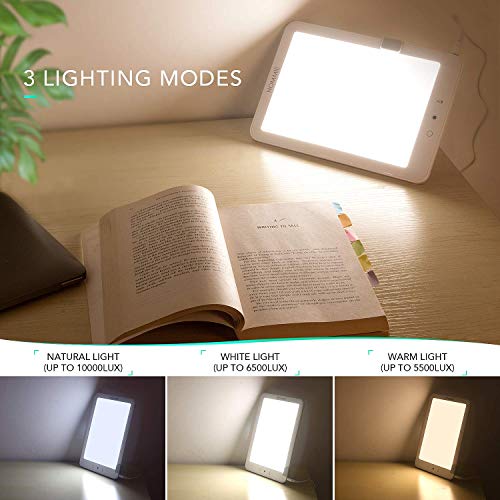 Lampara Luminoterapia,Hommie 10000lux Lámpara SAD Luz con Ajustable de 3 Colores y Diferentes Brillos, Lámpara de Luz Diurna de Terapia LED Sin Luz UV, Lámpara de Terapia de Luz Control Táctil,Blanco