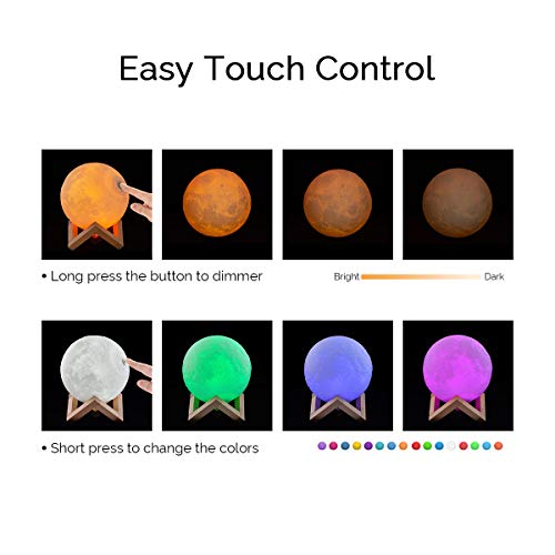 Lámpara Luna 3D, ICONNTECHS Brillo Regulable 16 Colores RGB Recargable USB Control remoto y Control táctil LED Lunar Luz Nocturna Decorativa para Dormitorio, Salón, Regalo para Mujeres y Niños 15cm, L