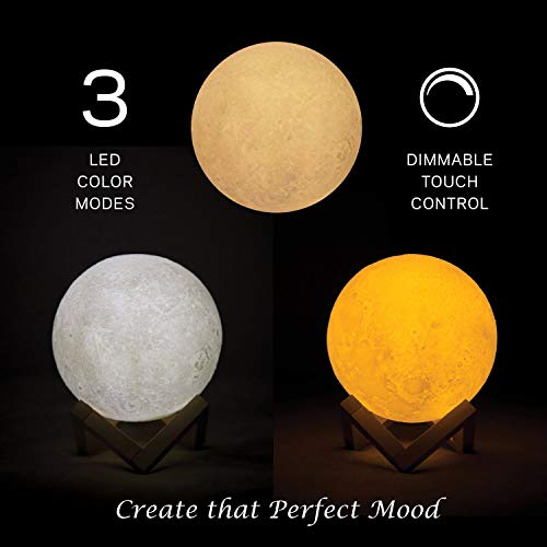Lampara Luna 3D LED Moon Lamp, AUELEK 15cm Lámpara magica de Luna, 3 Colores Control Táctil, Recargable de USB, Lámpara para Decoración Habitación, Regalo de Cumpleaños, Año Nuevo y Aniversario